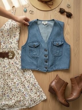Vintage 90s River Ridge Crop Denim Vest Brass Buttons USA Made | Women's Large
